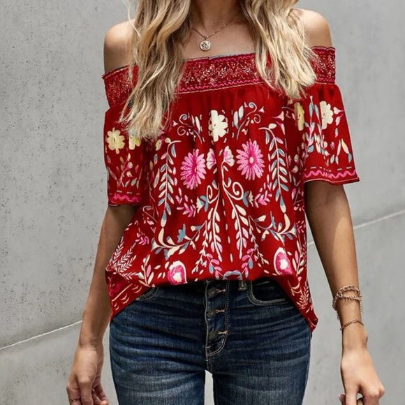 Tops - Boho floral print off shoulder blouse Red